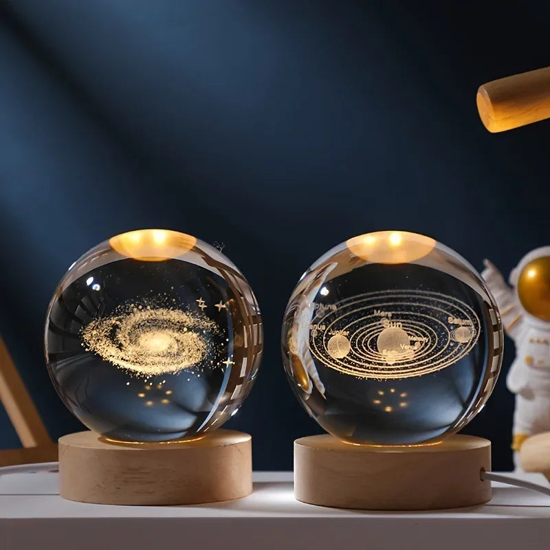 6/8cm 3D Crystal Ball Planet Night Light Laser Engraved Solar System Globe Astronomy Festival Gifts Home Desktop Decoration