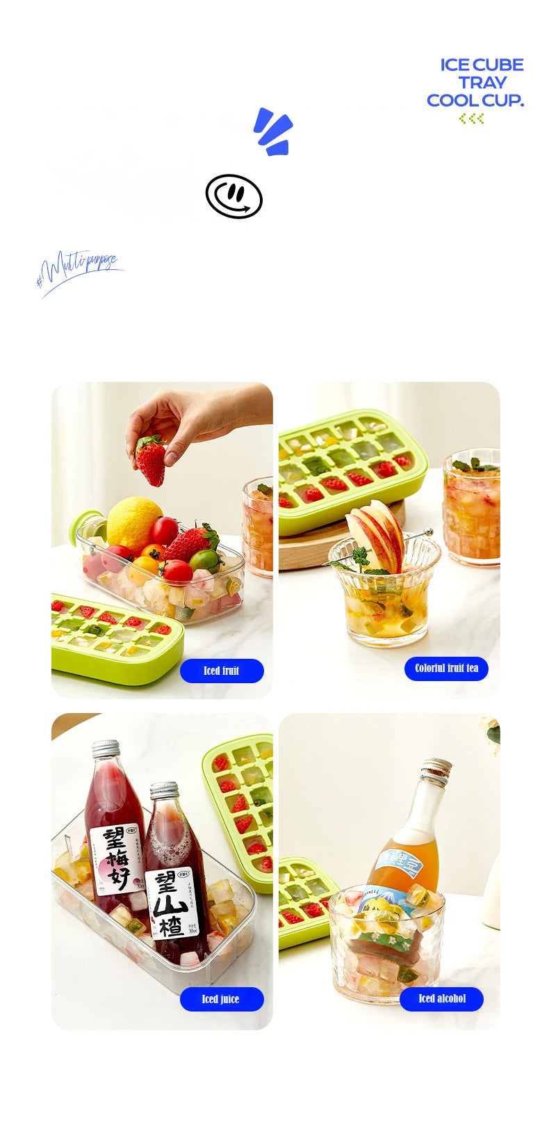 Ice Cube Tray With Lid - NO SPILL Ice Tray For Freezer - NO TOUCH Silicone Ice Cube Tray For Freezer With Straw + Cable Tie Mold