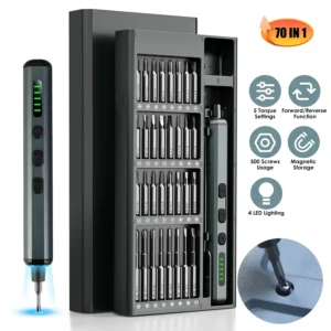 1Set 70 In 1 3.7V Mini Electric Screwdriver Kit Rechargeable Magnetic Repair Tool Kit With 5 Torque Settings 64 S2 Precision Bits 4 LED Lights For Phone Camera Laptop Watch Repair